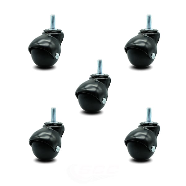 2 Inch Gloss Black Hooded 3/8 Inch Threaded Stem Ball Casters SCC, 5PK
